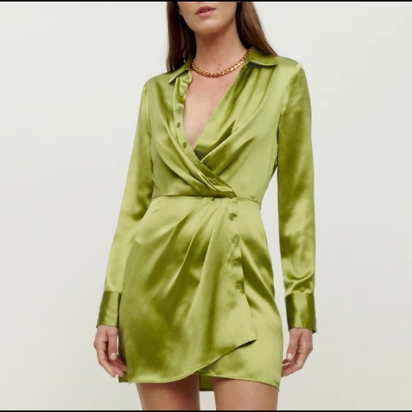 Reformation Alaine Silk Dress in Avocado - Picture 2 of 4